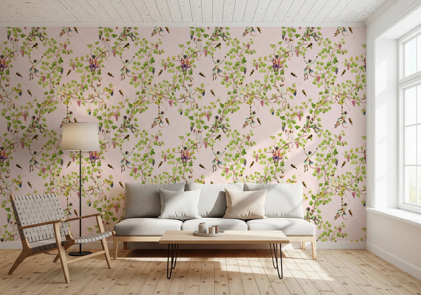 Matte finish Whimsical Rococo Monkeys Vineyard Garden Pink Wallpaper in a sitting room.