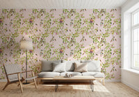 Matte finish Whimsical Rococo Monkeys Vineyard Garden Pink Wallpaper in a sitting room.
