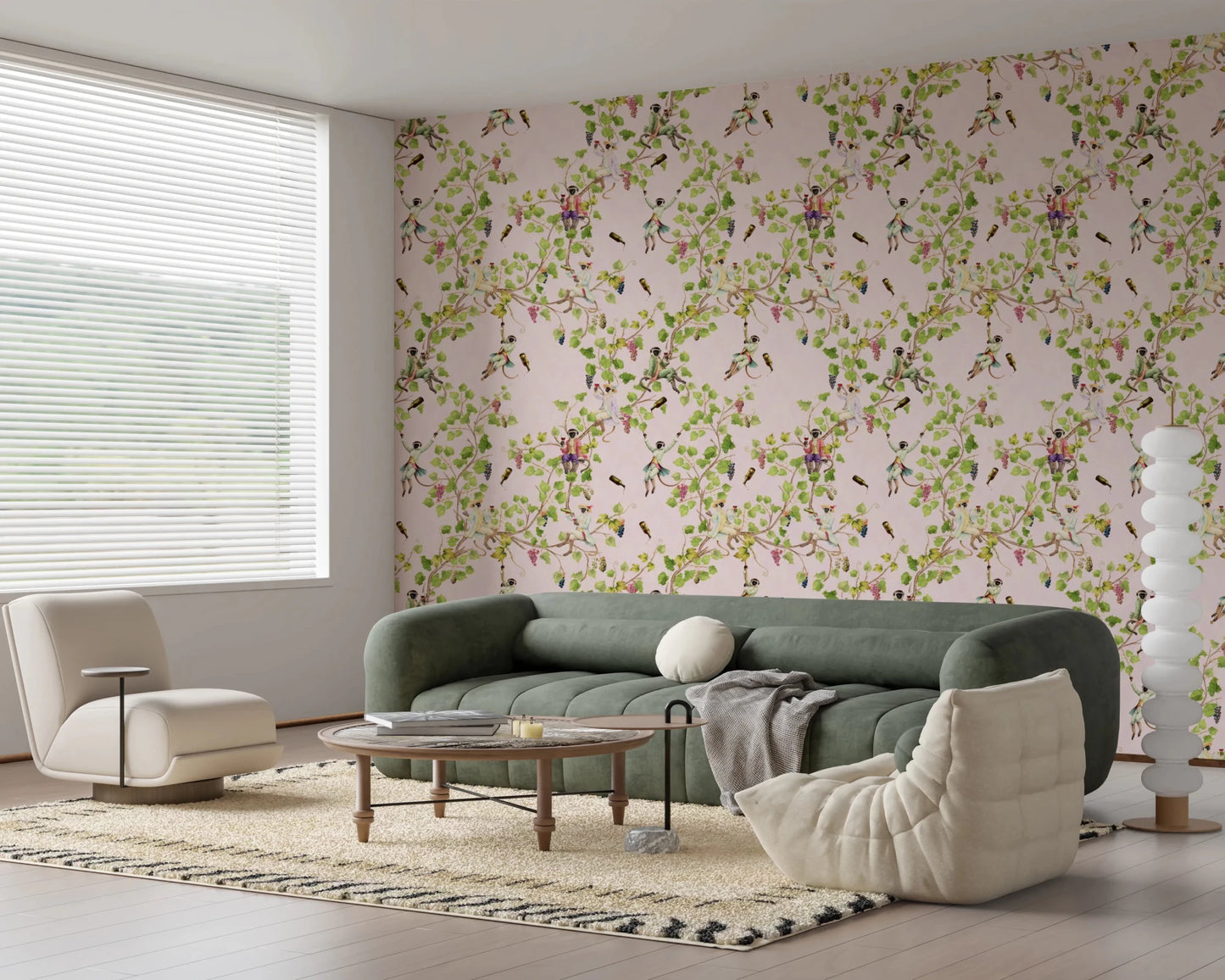 Add charm to your apartment lounge with Whimsical Rococo Monkeys Pink Wallpaper.
