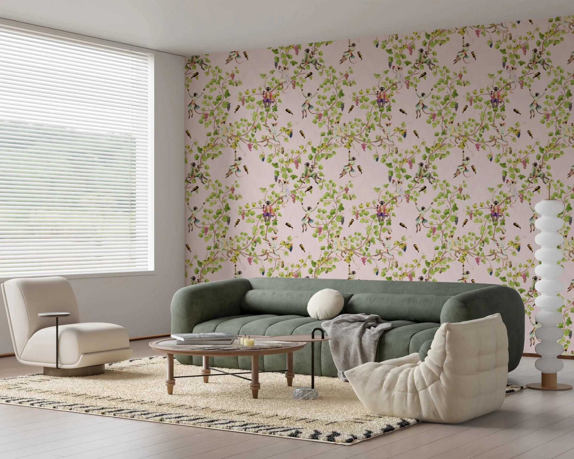 Add charm to your apartment lounge with Whimsical Rococo Monkeys Pink Wallpaper.