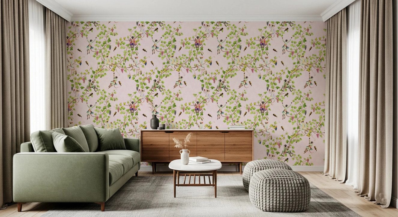 Whimsical Rococo Monkeys Wine Festival Vintage Aristocratic Vineyard Garden pink Wallpaper⁠