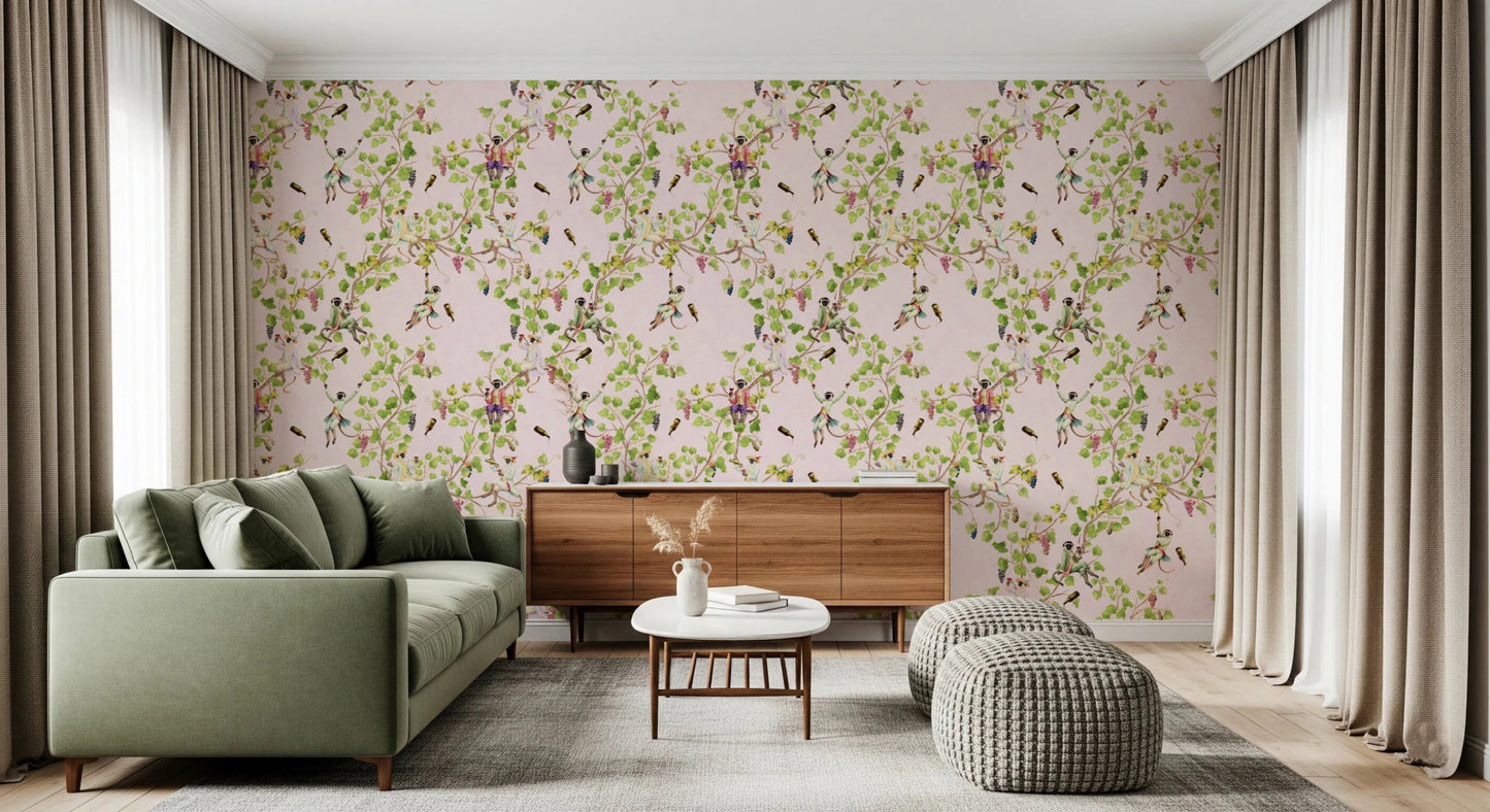 Playful vibes in this lounge featuring Whimsical Rococo Monkeys Vineyard Pink Wallpaper.