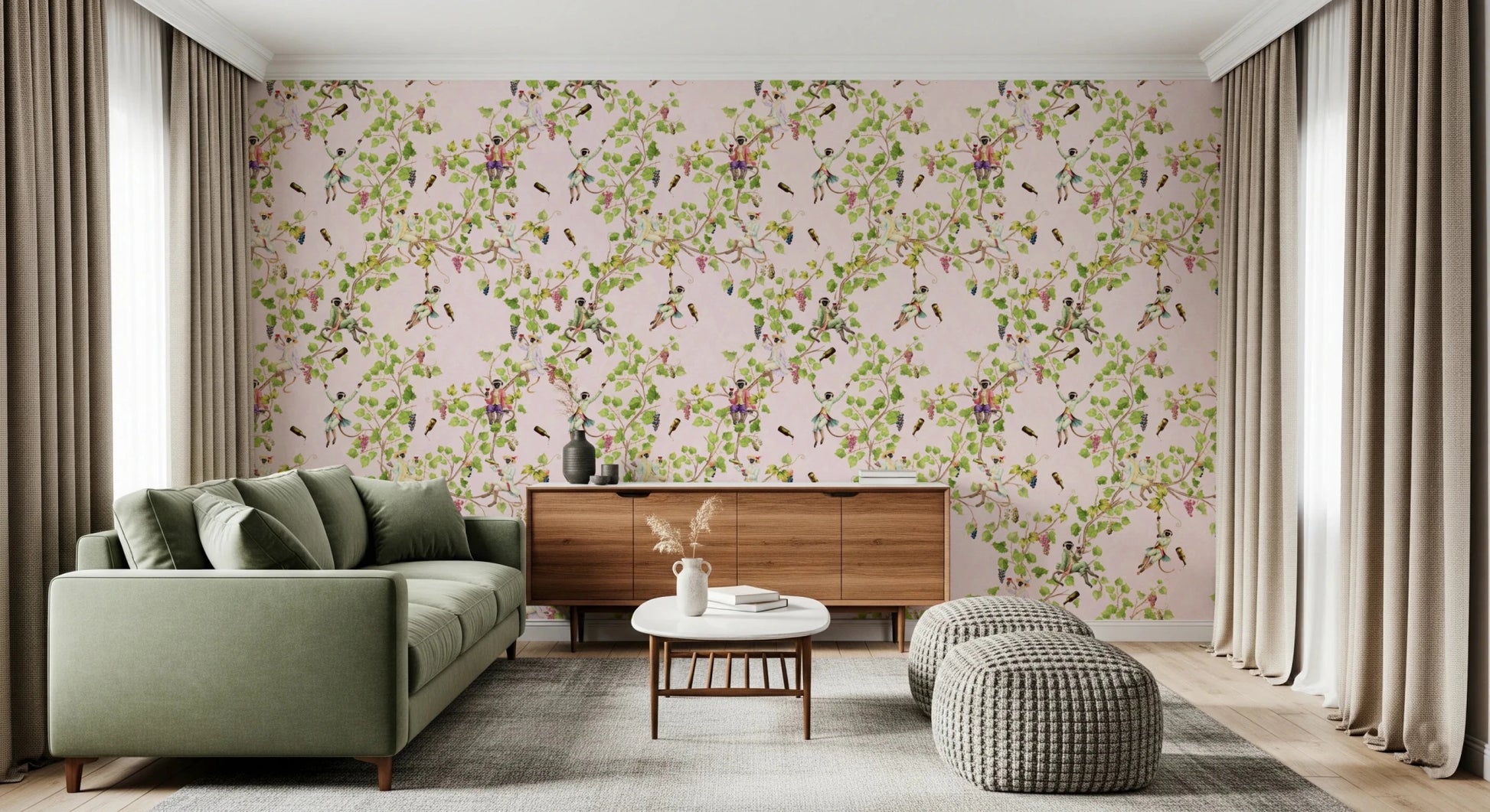 Playful vibes in this lounge featuring Whimsical Rococo Monkeys Vineyard Pink Wallpaper.