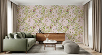 Playful vibes in this lounge featuring Whimsical Rococo Monkeys Vineyard Pink Wallpaper.