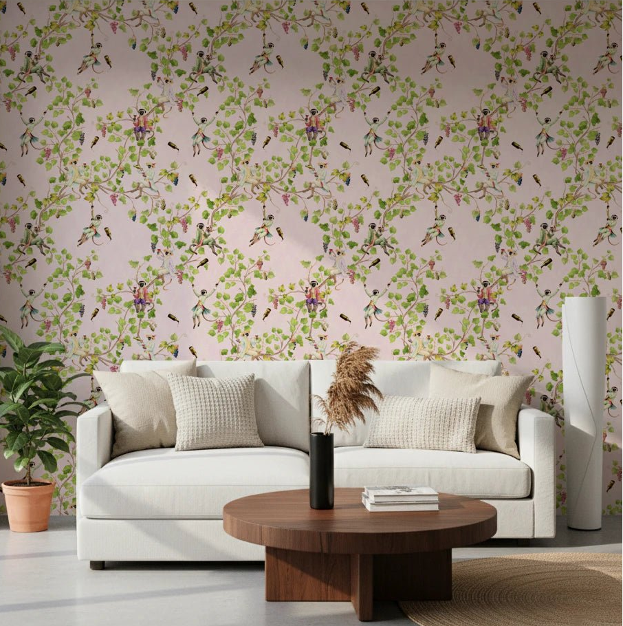View of a cozy living room with Whimsical Rococo Monkeys Vineyard Garden Pink Wallpaper., GD8579