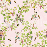 Whimsical Rococo Monkeys pink wallpaper with vineyard vines, bottles, and monkeys
