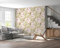 Modern staircase area with Whimsical Rococo Monkeys Vineyard Garden Pink Wallpaper.