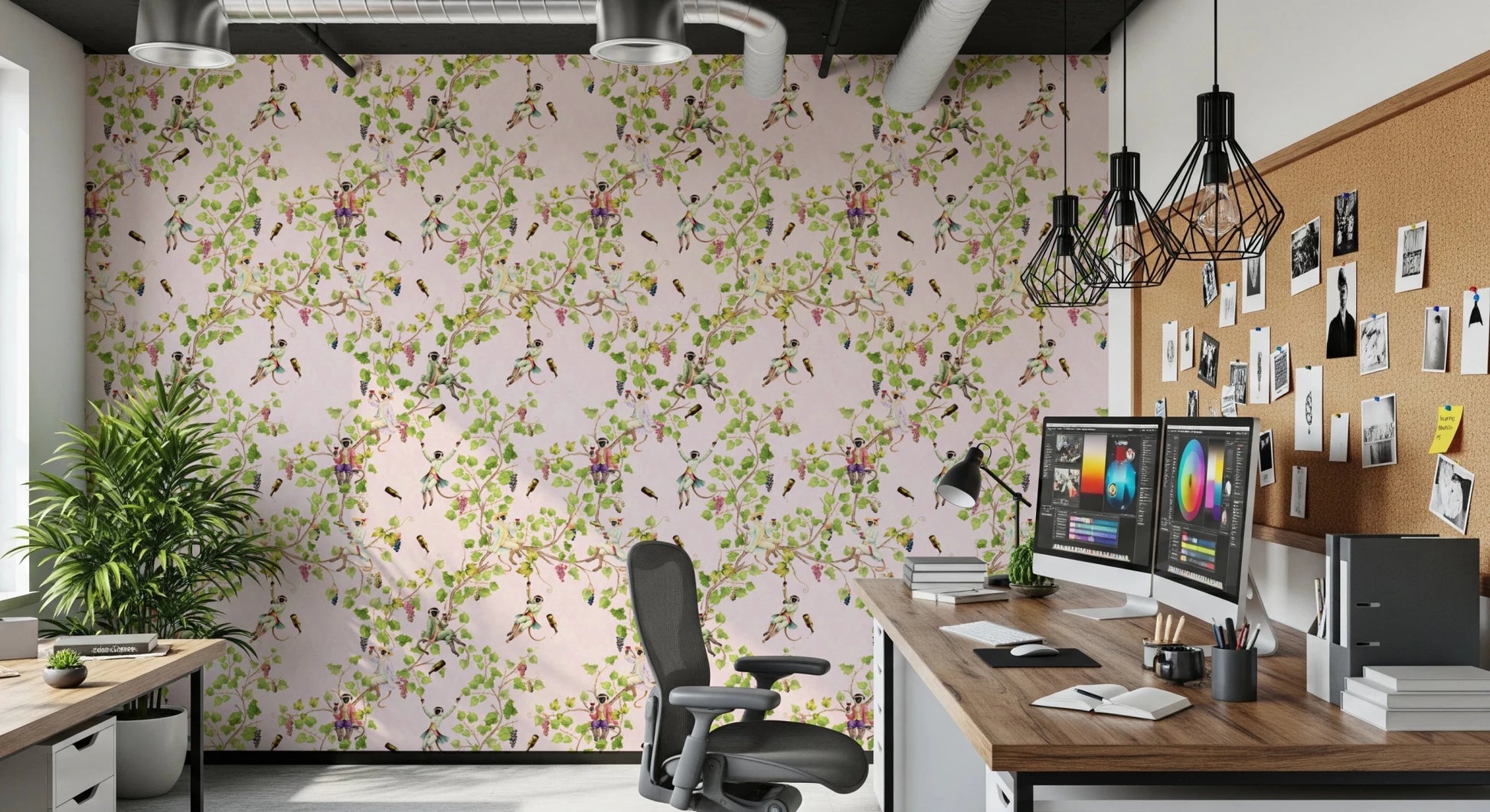 Rental friendly office space with Whimsical Rococo Monkeys Vineyard Garden Pink Wallpaper.