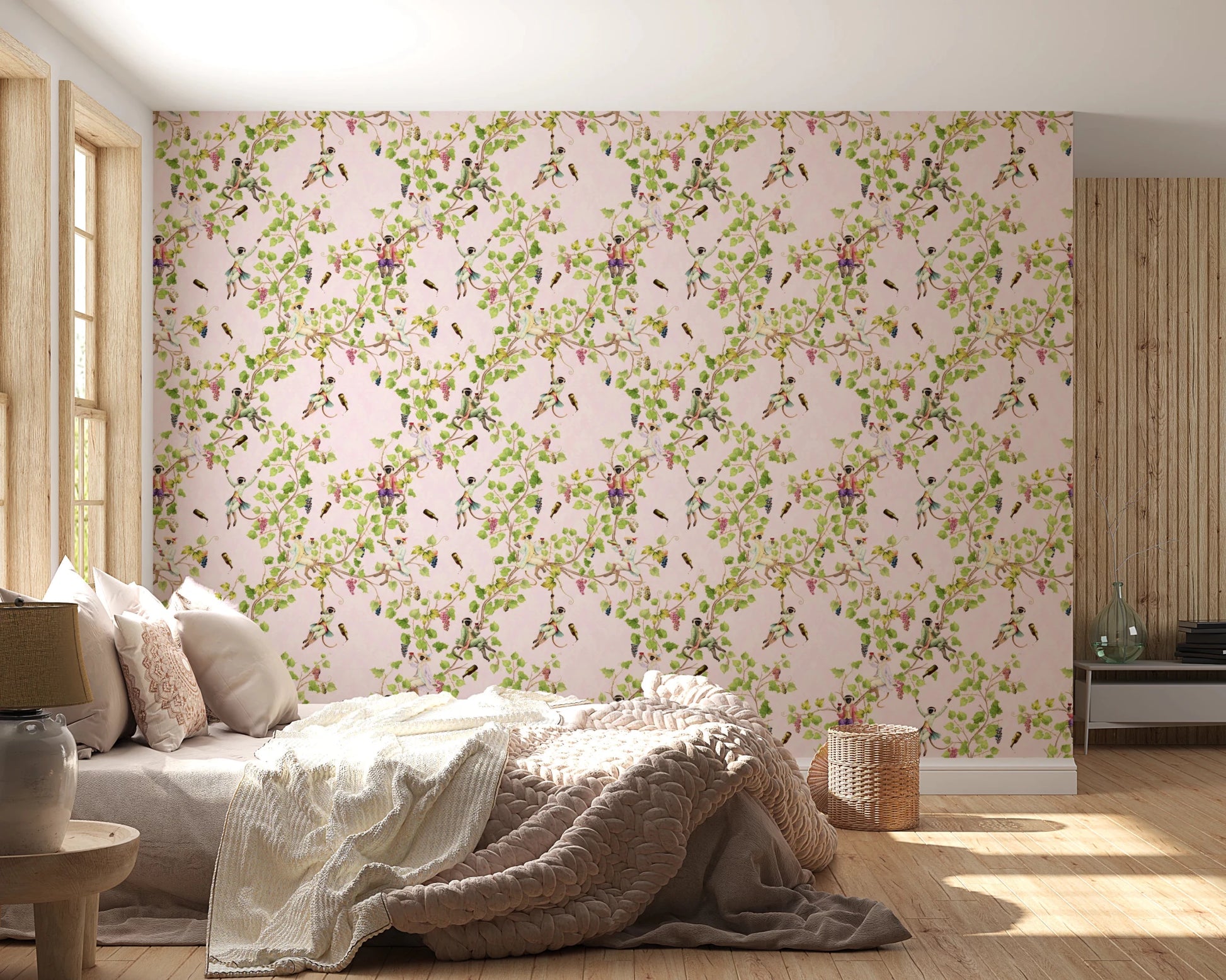 Serene bedroom setting with Whimsical Rococo Monkeys Vineyard Garden Pink Wallpaper.
