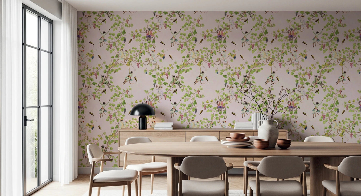 Dining room showcasing Whimsical Rococo Monkeys Vineyard Garden Pink Wallpaper.