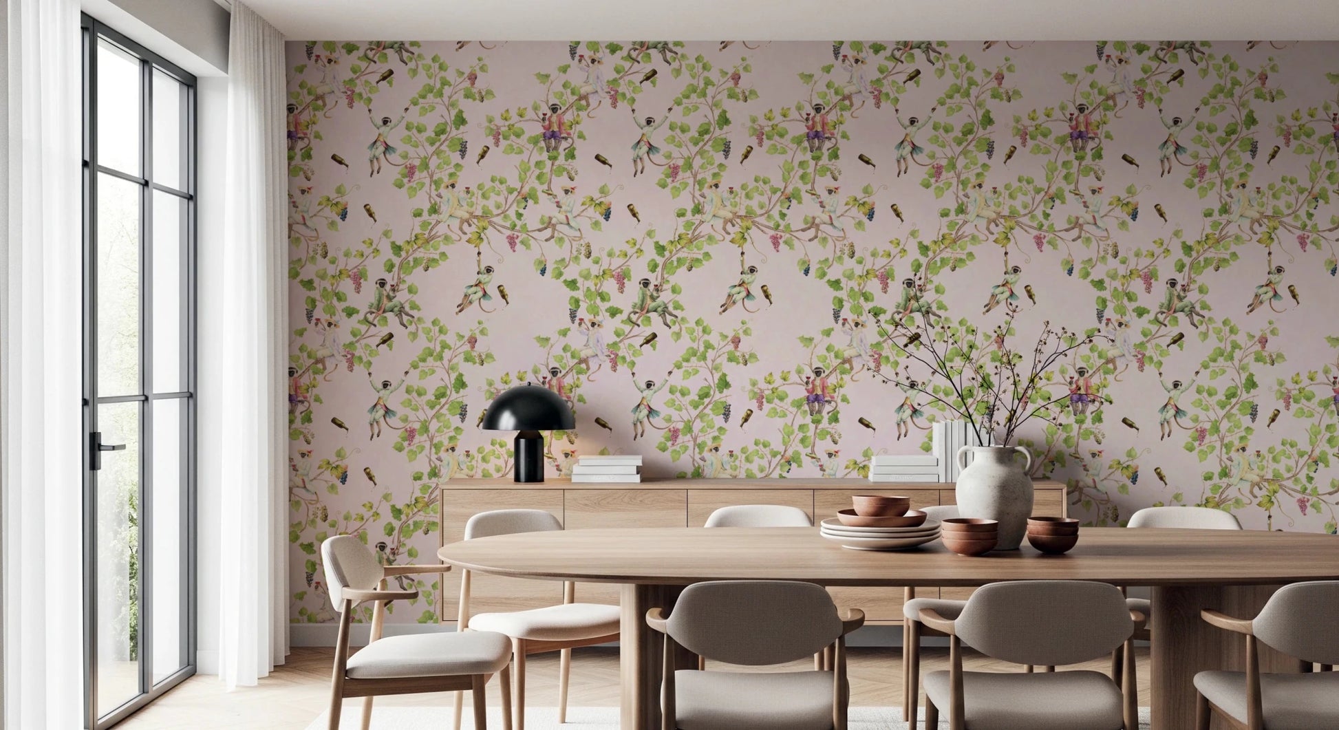 Dining room showcasing Whimsical Rococo Monkeys Vineyard Garden Pink Wallpaper.