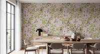 Dining room showcasing Whimsical Rococo Monkeys Vineyard Garden Pink Wallpaper.
