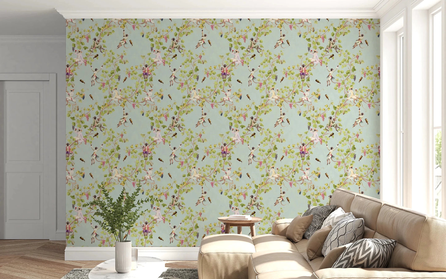 Modern apartment with Whimsical Rococo Monkeys Vineyard Garden Green Wallpaper, GD8578
