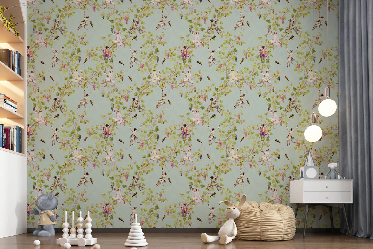 Whimsical Rococo Monkeys Vineyard Garden Green Wallpaper in a charming nursery space, GD8578