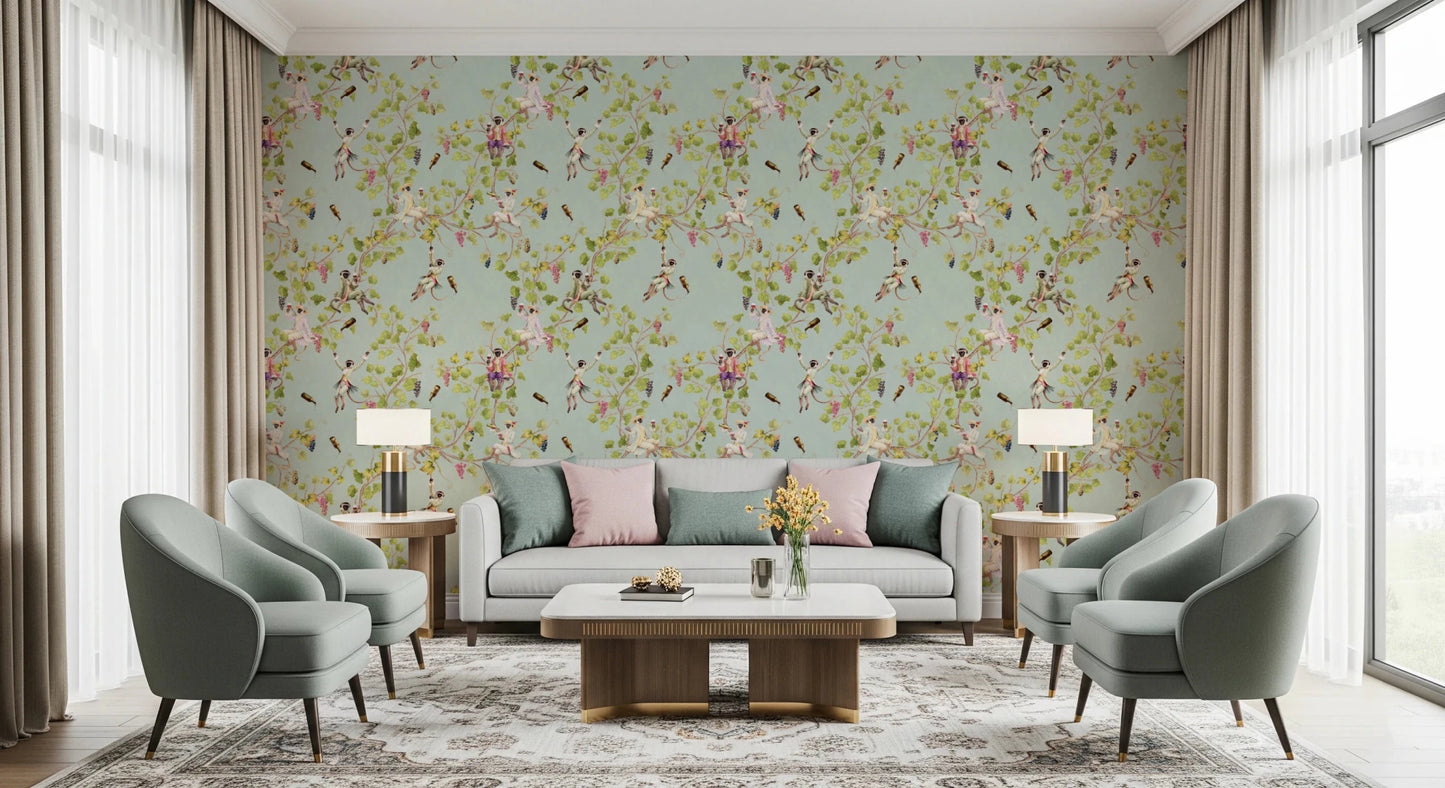 Formal reception area with Whimsical Rococo Monkeys Vineyard Garden Green Wallpaper, GD8578