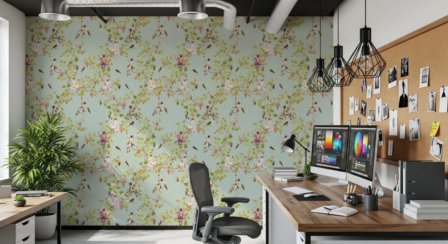 Professional office using Whimsical Rococo Monkeys Vineyard Garden Green Wallpaper, GD8578
