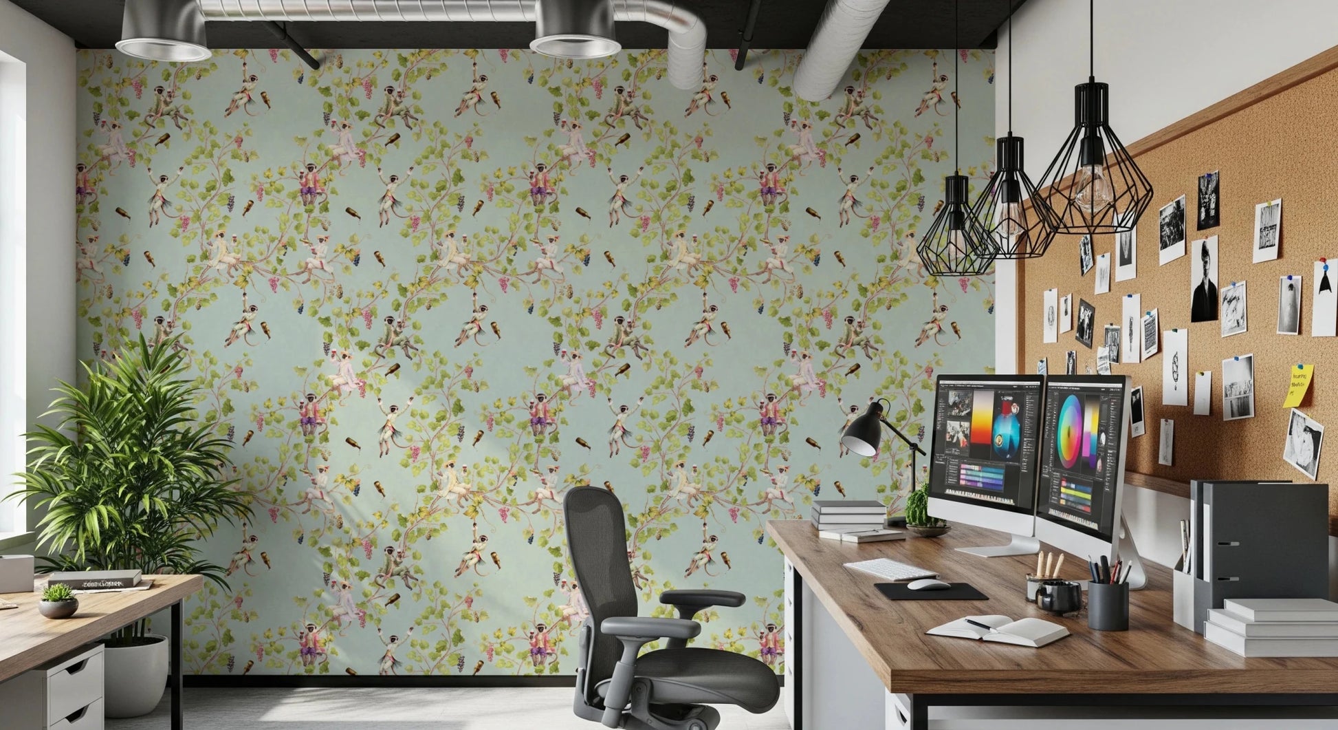 Professional office using Whimsical Rococo Monkeys Vineyard Garden Green Wallpaper, GD8578