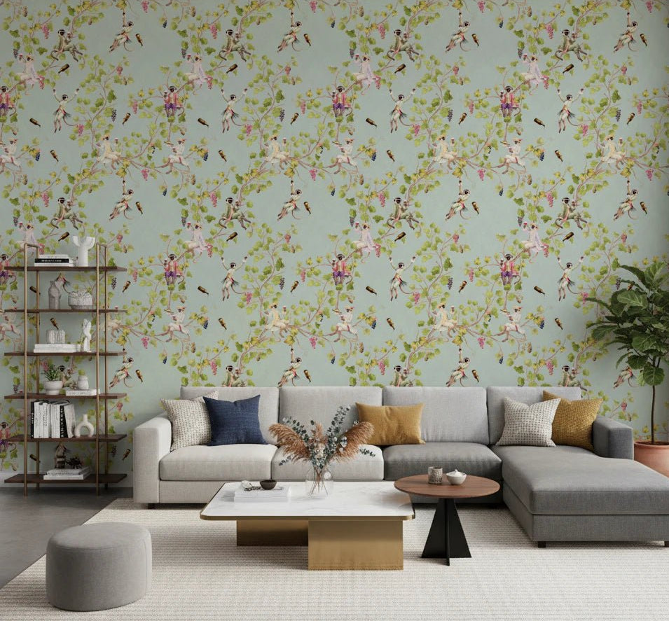 Living room with Whimsical Rococo Monkeys Vineyard Garden Green Wallpaper background, GD8578