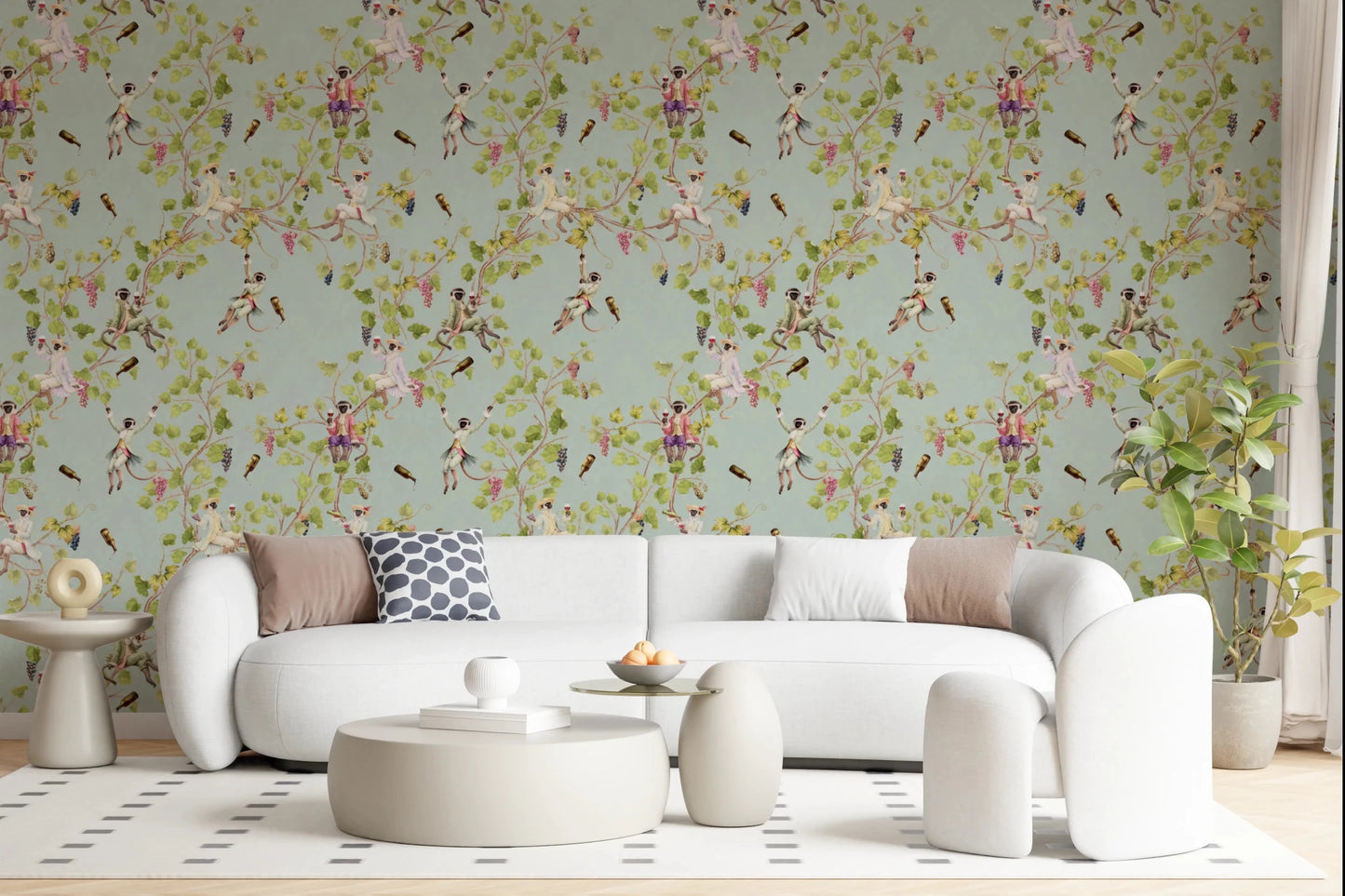 Studio backdrop with Whimsical Rococo Monkeys Vineyard Garden Green Wallpaper finish, GD8578