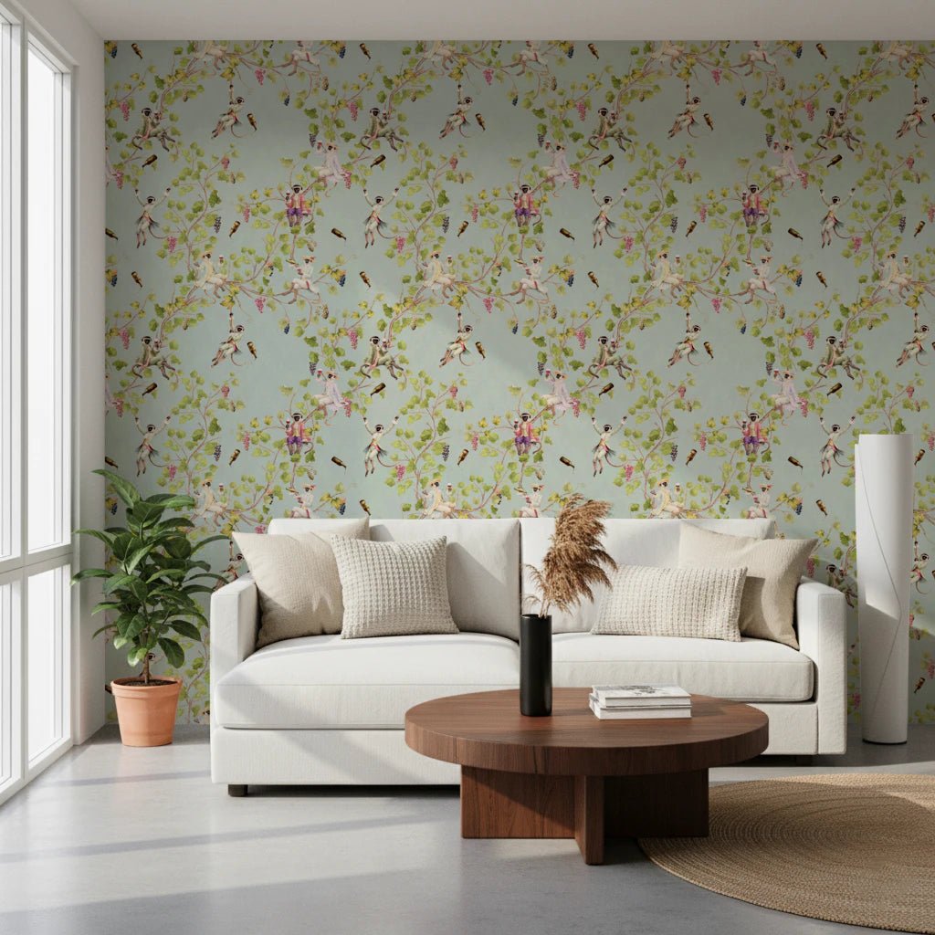 Bright sitting room with Whimsical Rococo Monkeys Vineyard Garden Green Wallpaper, GD8578