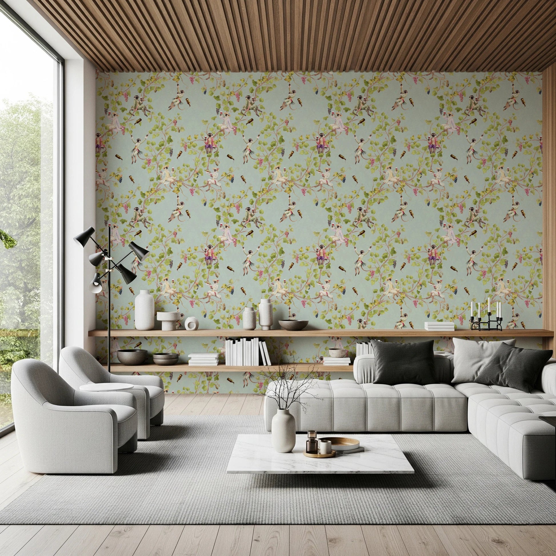 Whimsical Rococo Monkeys Vineyard Garden Green Wallpaper for an open plan family room, GD8578