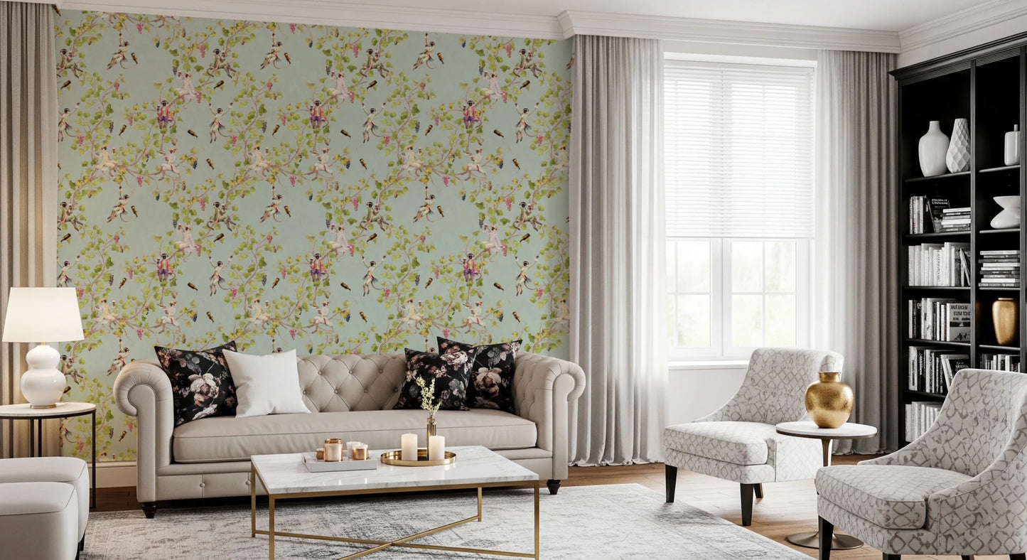 Classic lounge featuring Whimsical Rococo Monkeys Vineyard Garden Green Wallpaper style, GD8578