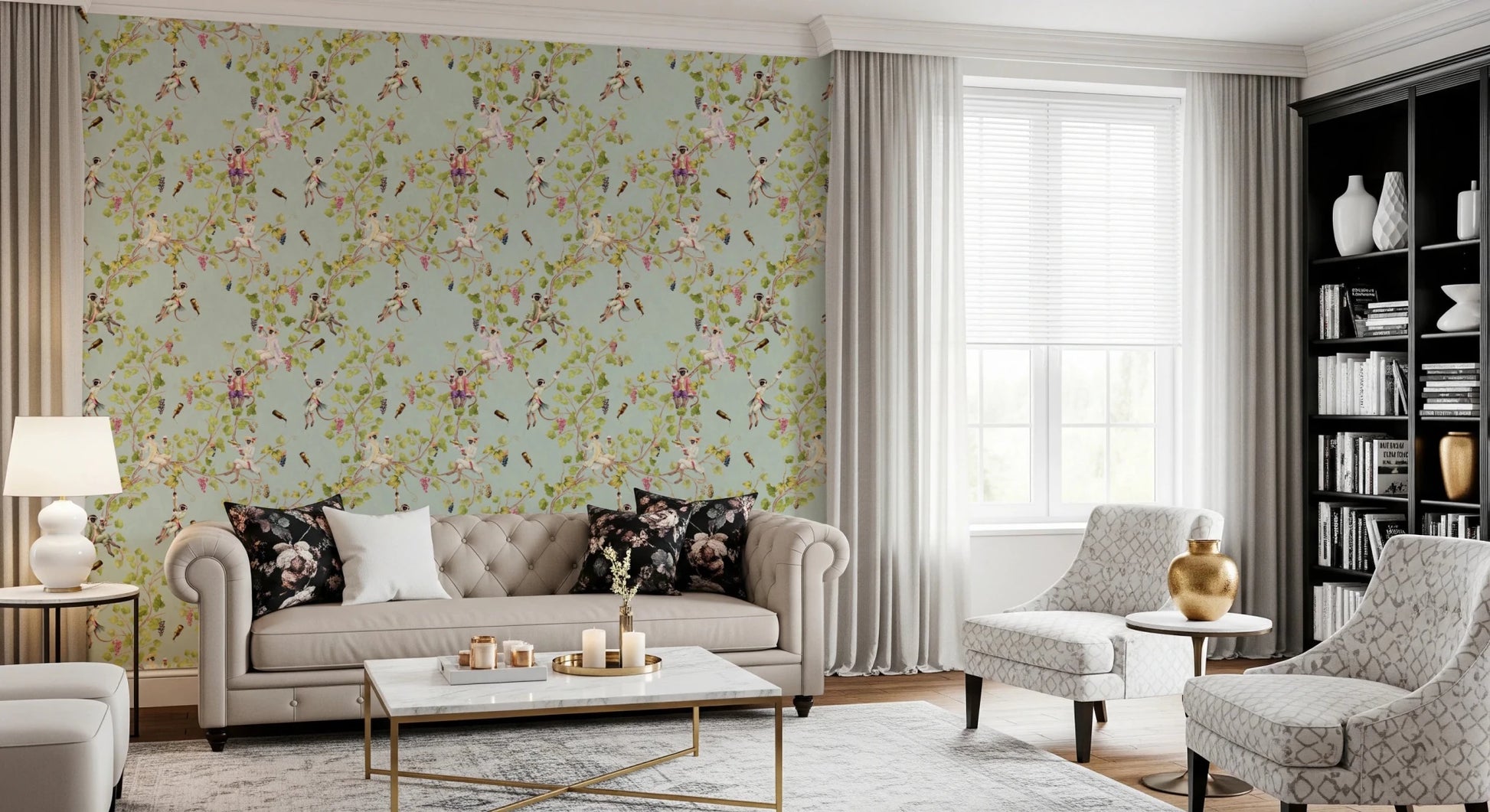 Classic lounge featuring Whimsical Rococo Monkeys Vineyard Garden Green Wallpaper style, GD8578