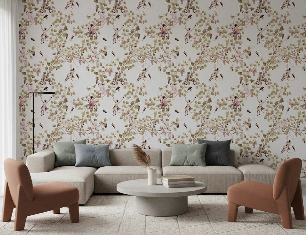 A soft living room styled with vineyard monkey wallpaper and warm neutral seating tones, GD8577