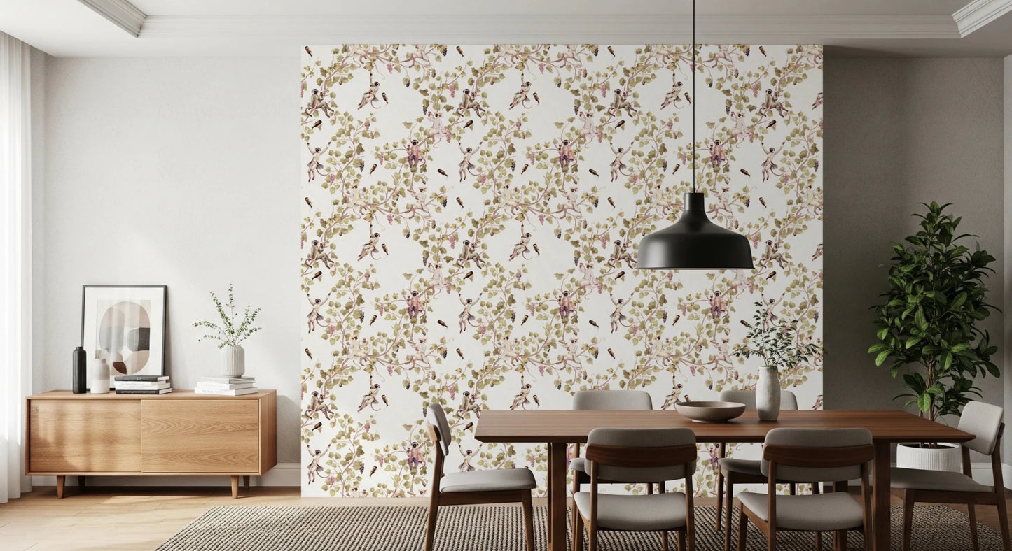 Dining room corner highlighted with vineyard monkey wallpaper and floral elements