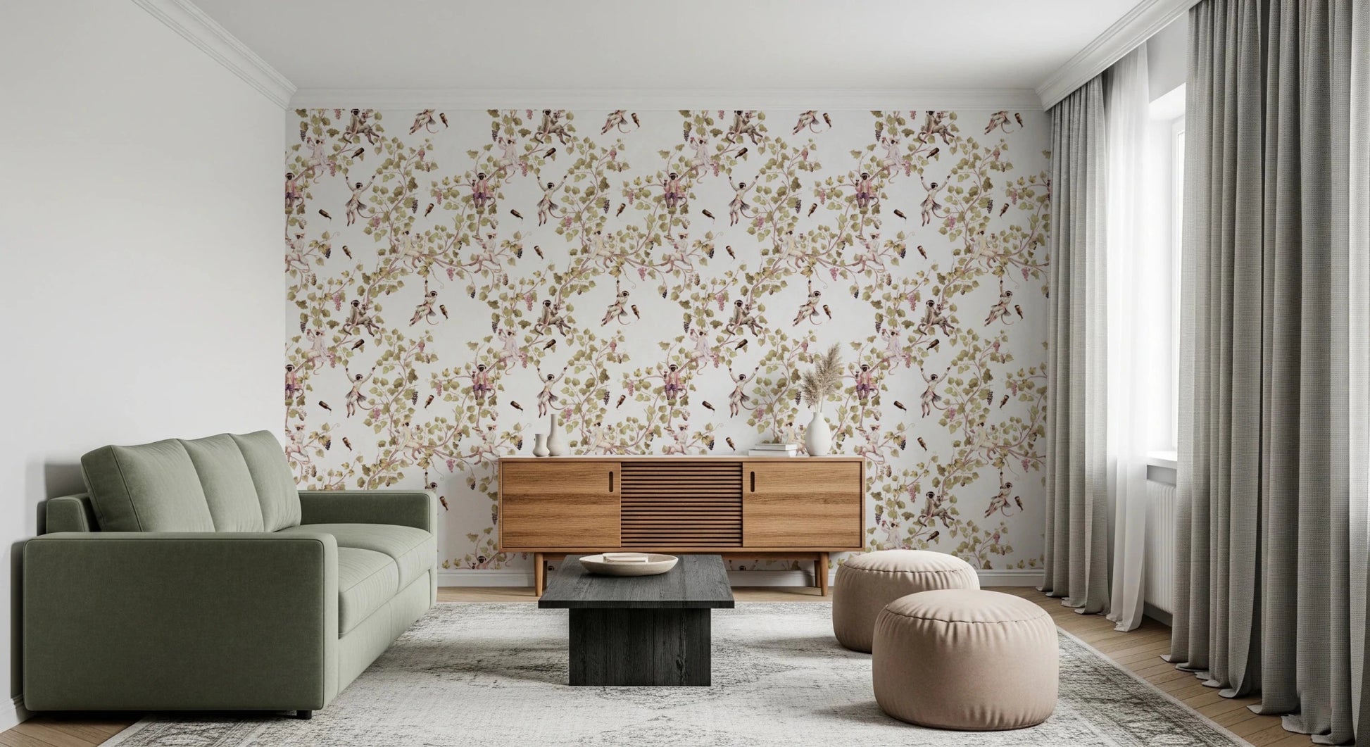 Open lounge corner enhanced by vineyard monkey wallpaper and gentle grape motifs