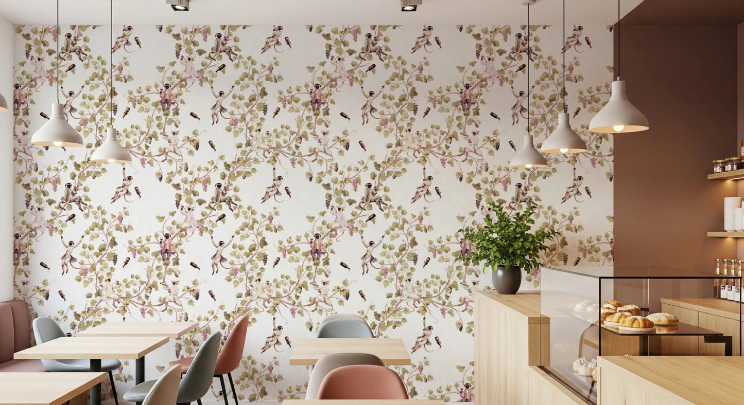 Cafe setup finished with vineyard monkey wallpaper and light vine detailing