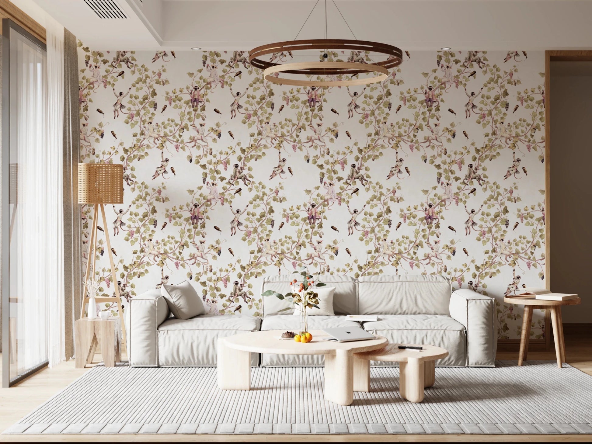 Modern living area anchored by vineyard monkey wallpaper and subtle floral branches