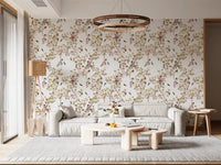 Modern living area anchored by vineyard monkey wallpaper and subtle floral branches