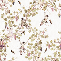 White Rococo monkey vineyard wallpaper with grape vines, wine bottles, and figures