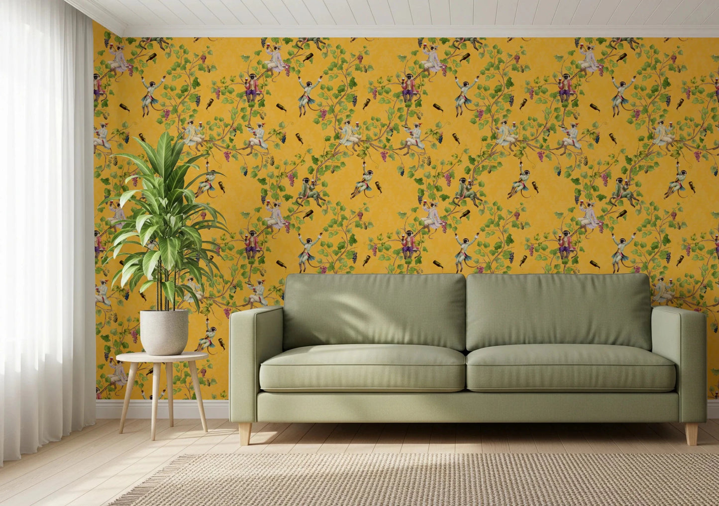 Sunlit lounge corner finished in vintage vineyard monkey wallpaper with floral vines, GD8580