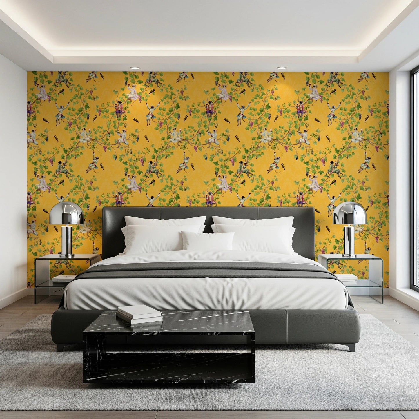Modern bedroom updated with vintage monkey vineyard yellow wallpaper backdrop, GD8580