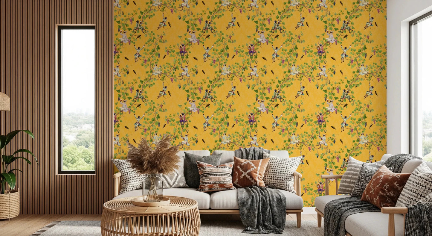 Window-side nook styled with vintage monkey festival wallpaper on a warm yellow, GD8580
