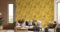 Window-side nook styled with vintage monkey festival wallpaper on a warm yellow, GD8580