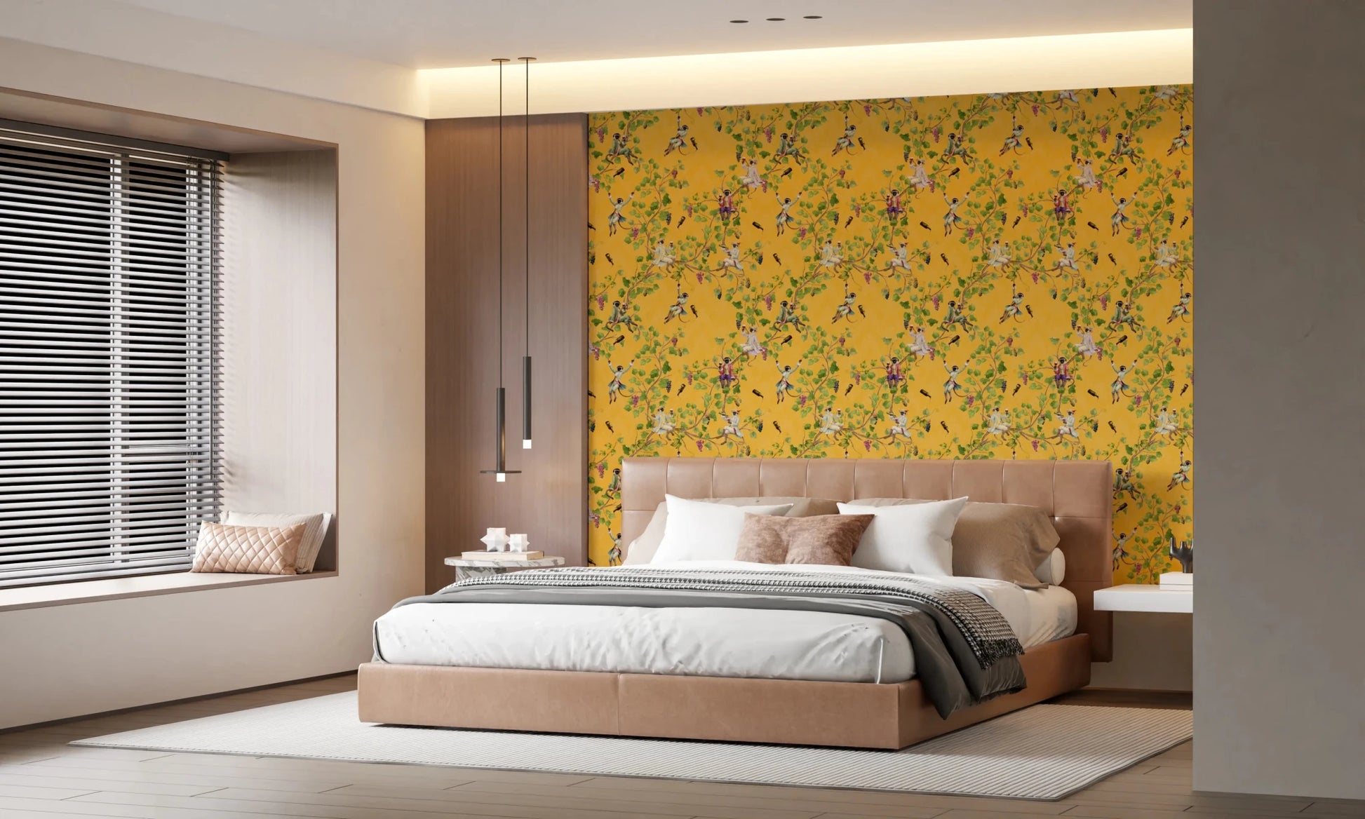 bedroom styled in Whimsical Rococo Monkeys yellow wallpaper pattern, GD8580