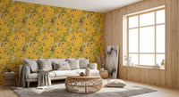 Spacious family room softened by aristocratic monkey garden wallpaper in yellow, GD8580
