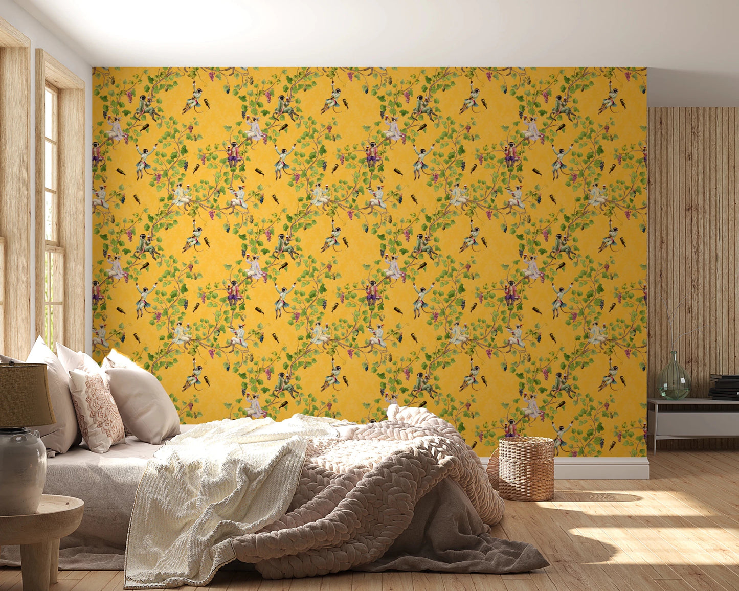 Open bedroom paired with Whimsical Rococo Monkeys yellow wallpaper charm, GD8580
