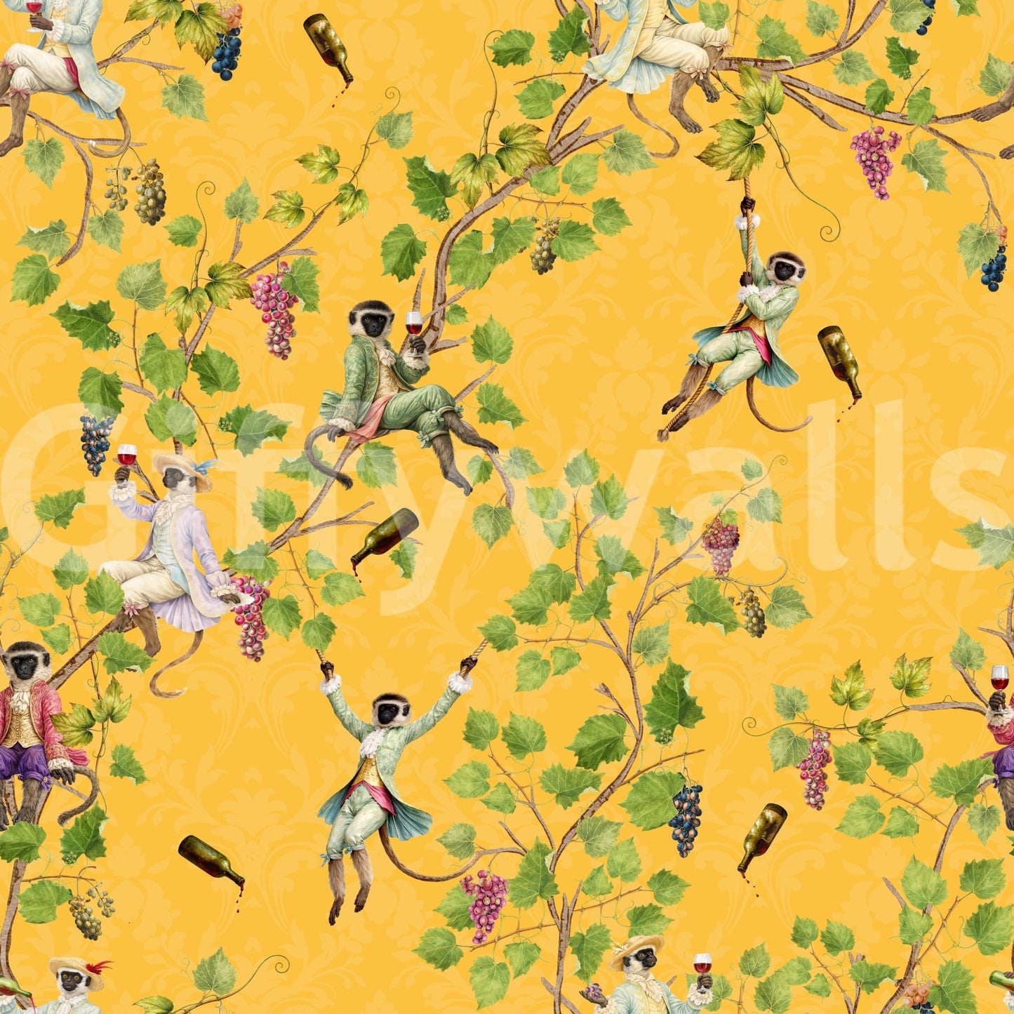 Aristocratic monkey festival yellow wallpaper with leafy vineyard branches and wine, GD8580