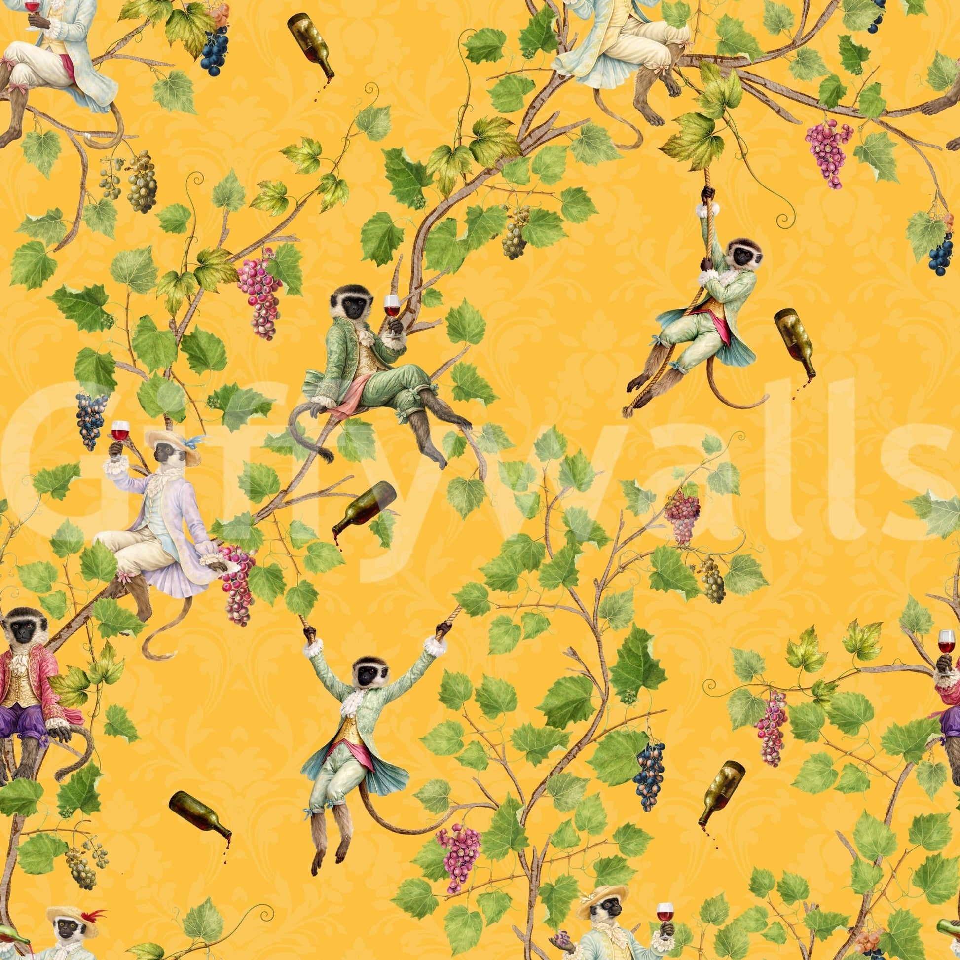 Aristocratic monkey festival yellow wallpaper with leafy vineyard branches and wine, GD8580