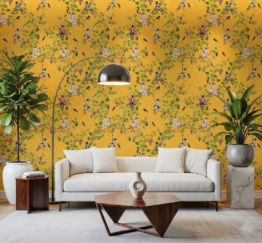 Living room brightened by whimsical rococo monkey vineyard yellow wallpaper
