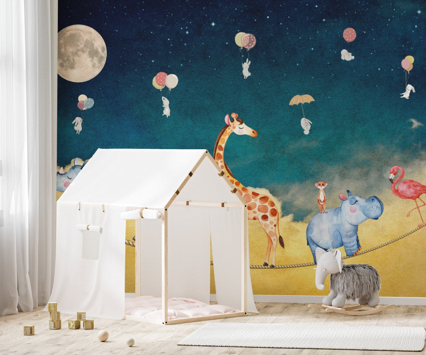Safari animal mural with floating bunnies
 D248