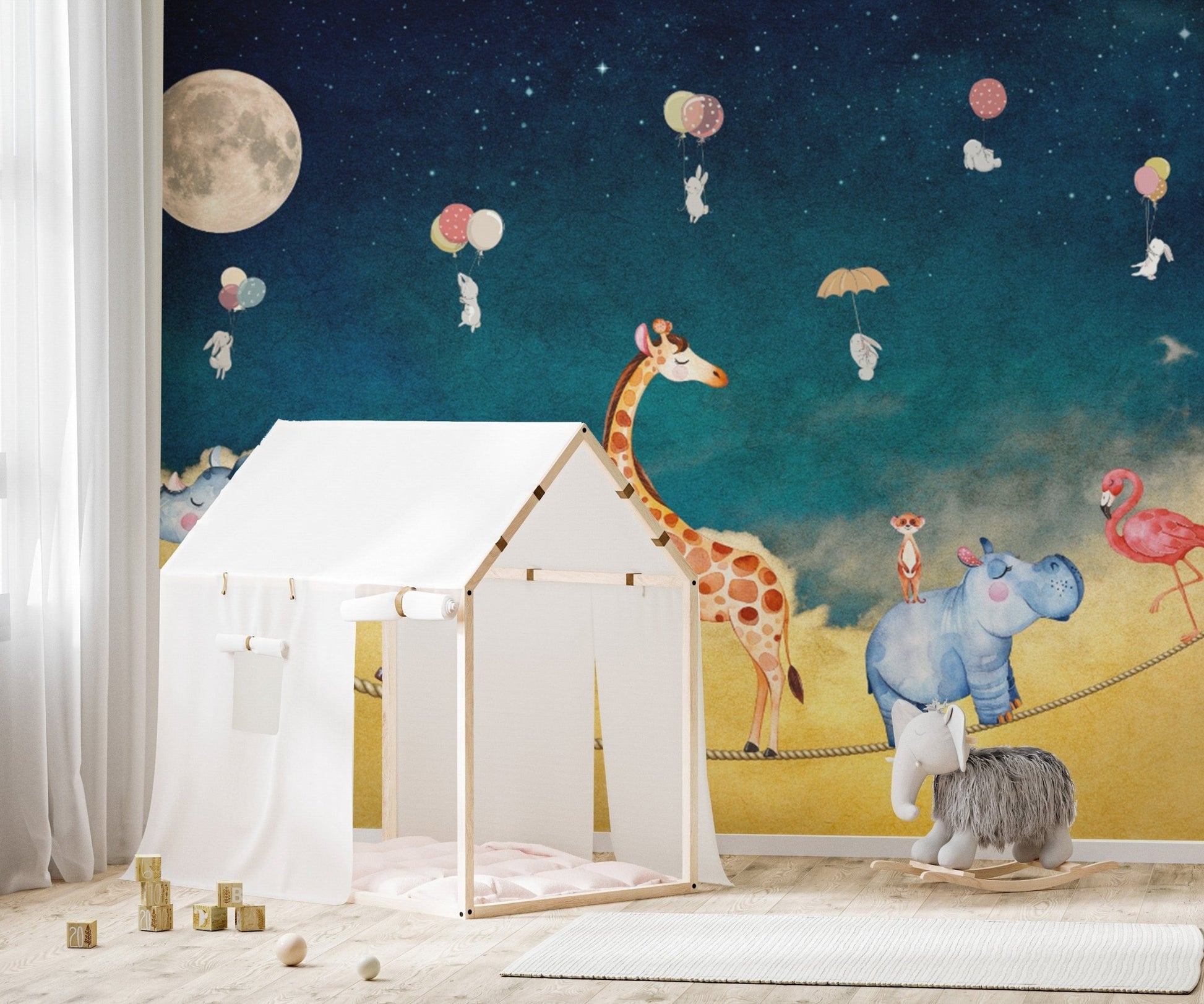 Safari animal mural with floating bunnies
 D248