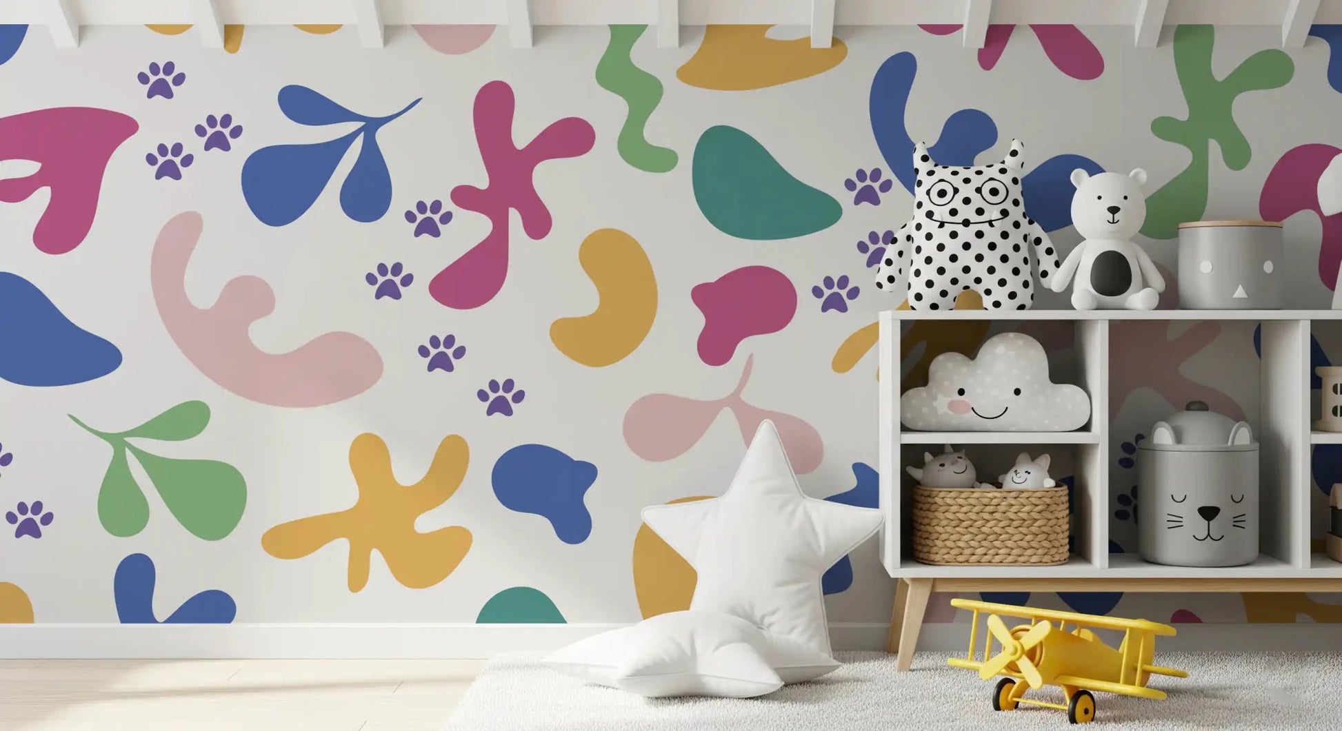 Nursery wall with Whimsical Shapes Happy Paws wall mural in soft colors, GD9320