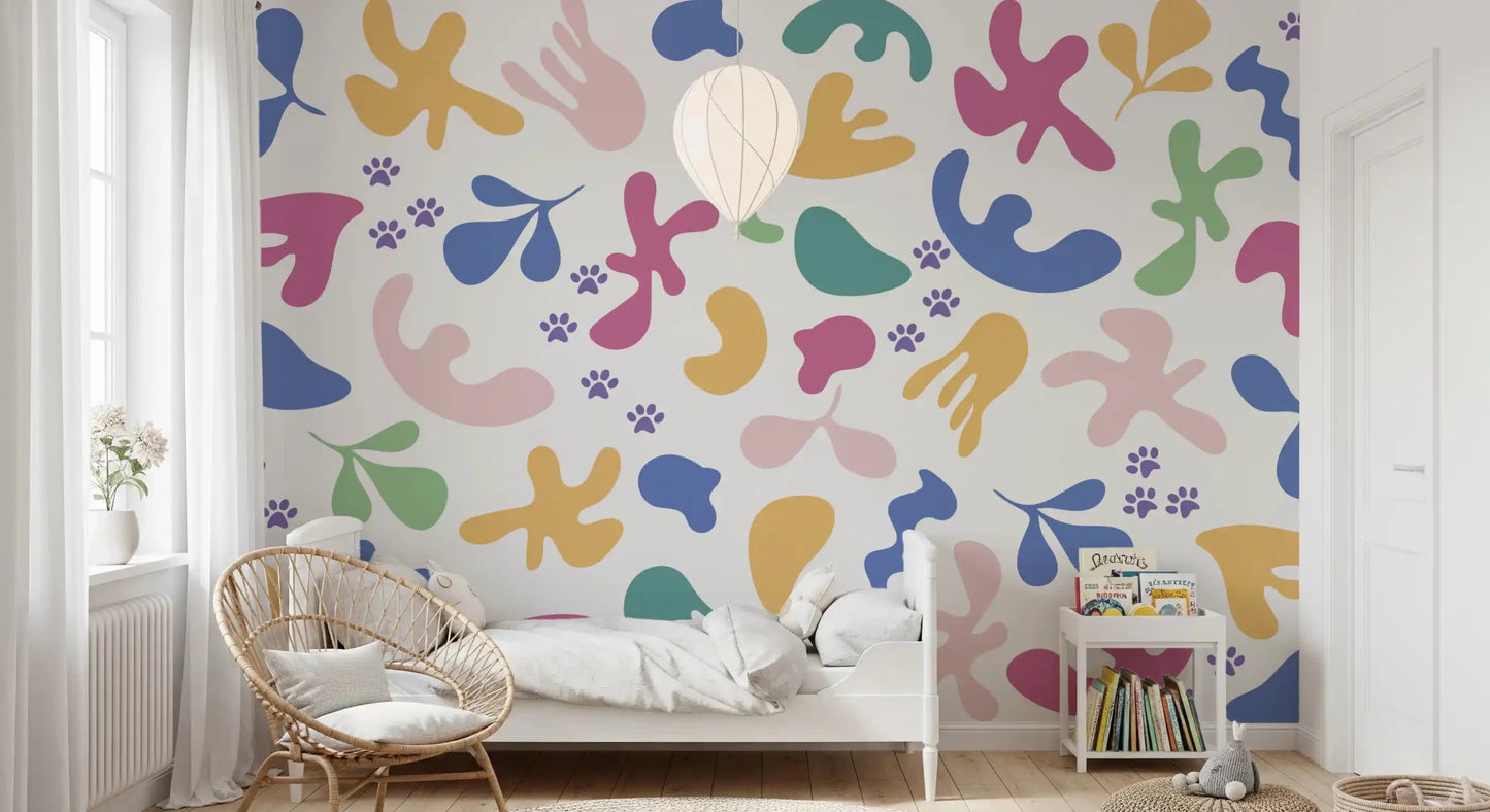 Whimsical Shapes Happy Paws wall mural with scattered pastel motifs, GD9320