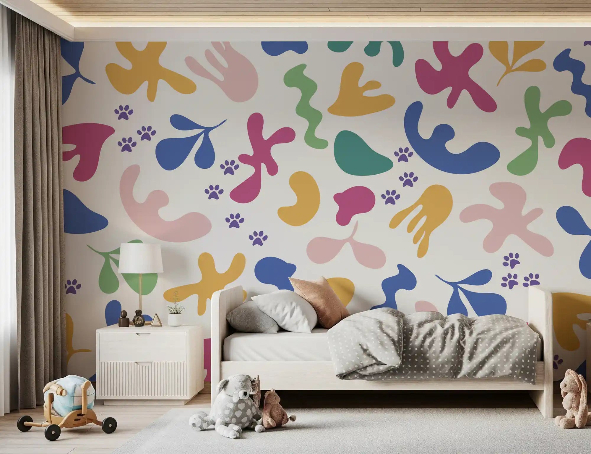 Kids bedroom with Whimsical Shapes wall mural in playful pastel tones, GD9320