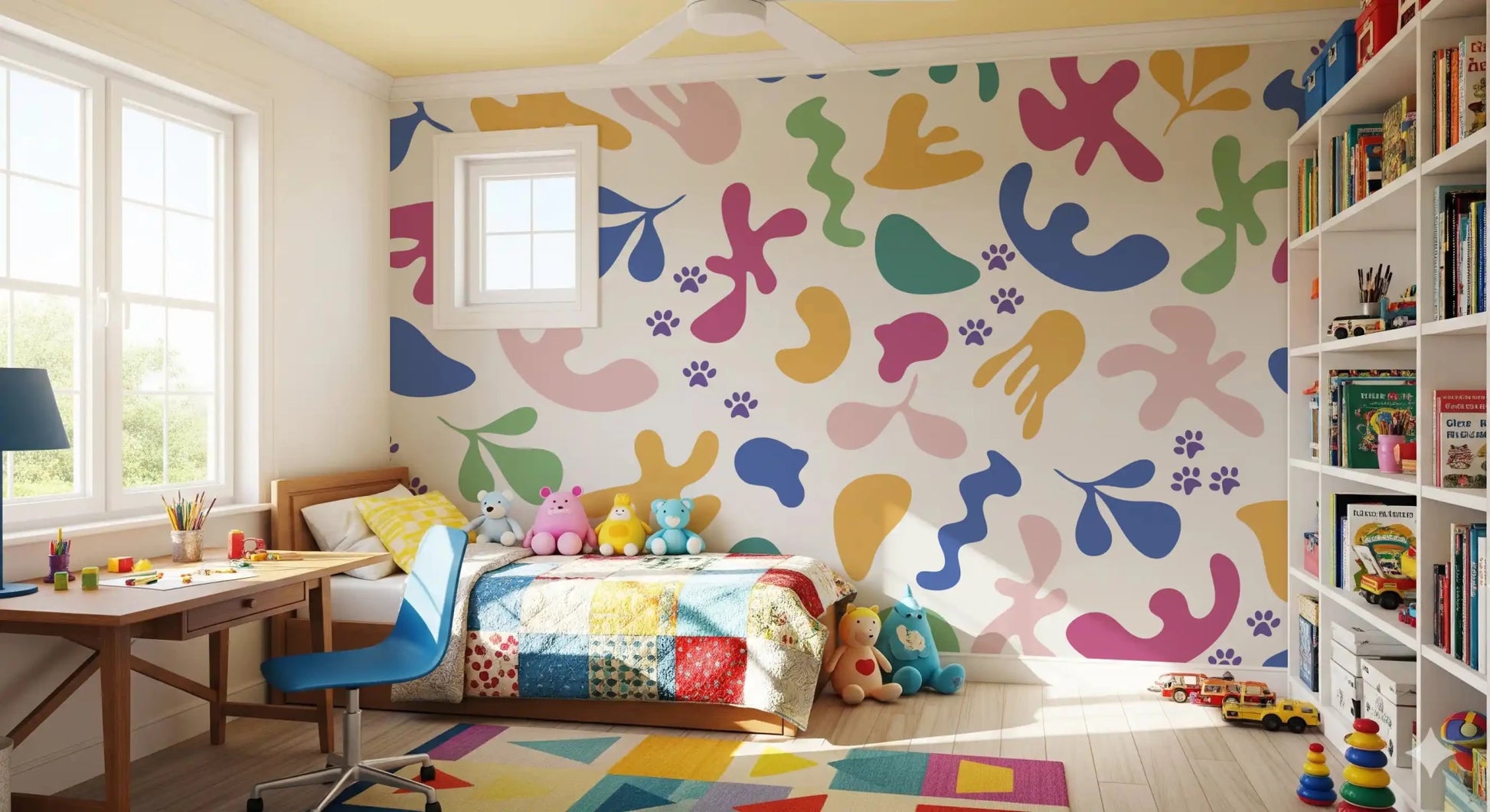 Soft abstract repeat shown in Whimsical Shapes Happy Paws wall mural, GD9320